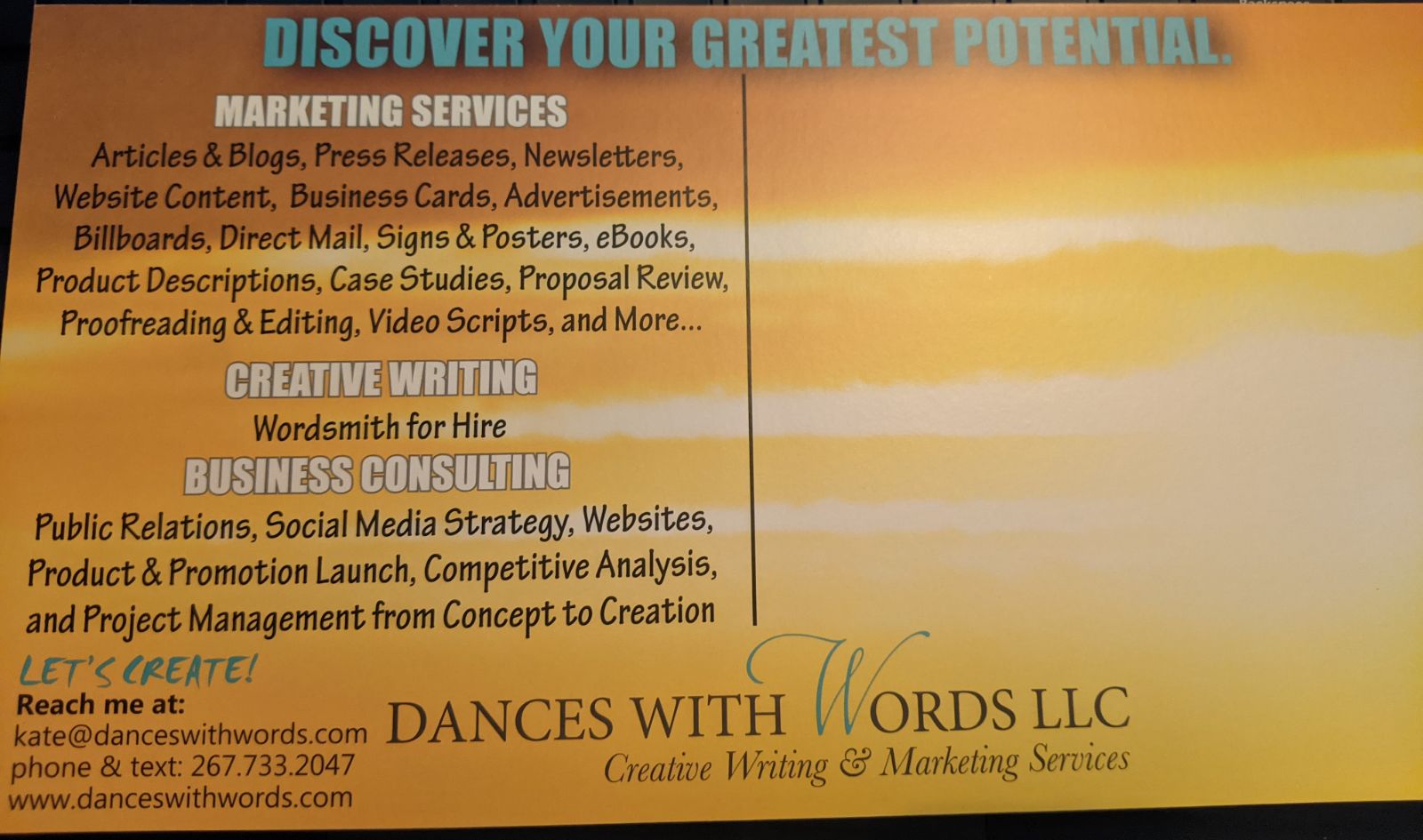 Dances with Words Marketing Postcard