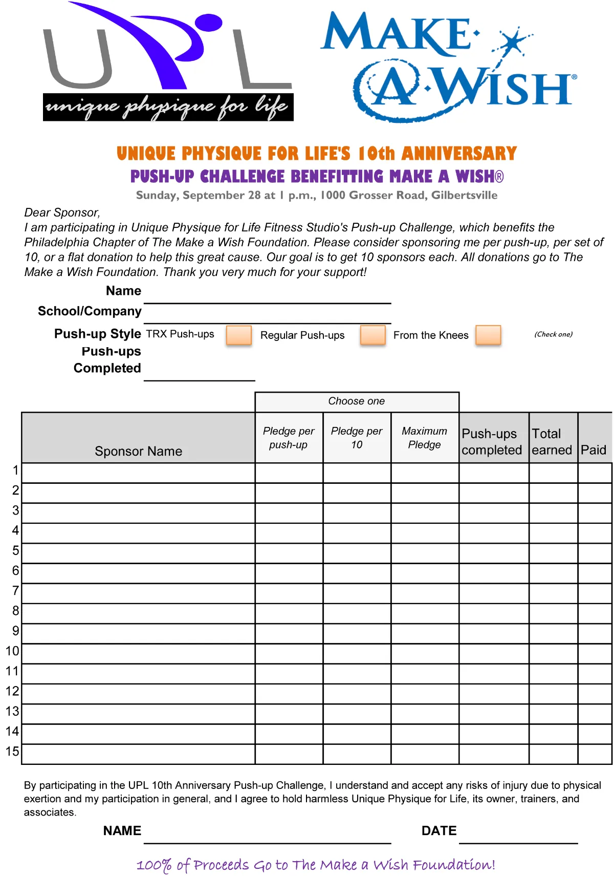 UPL Fitness and Make a Wish Collaboration Sponsorship Form