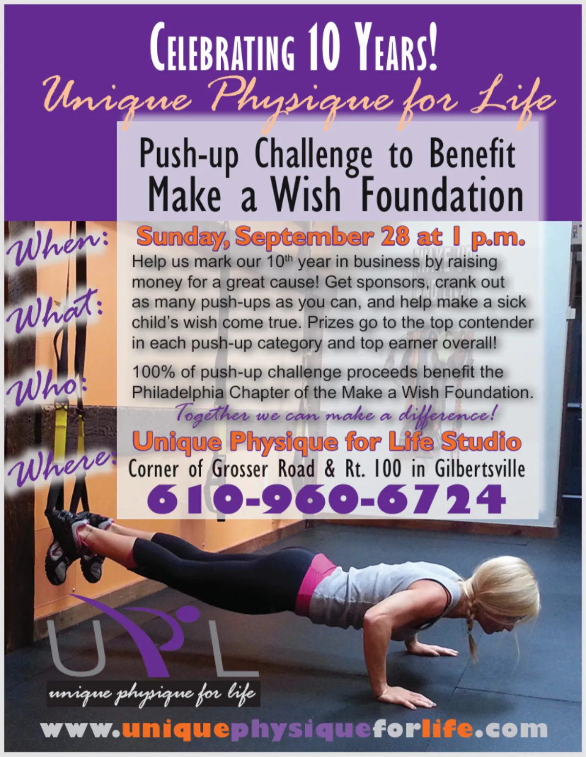 Unique Physique for Life Personal Training Studio 10 Year Anniversary Pushup Challenge Fundraiser Flyer