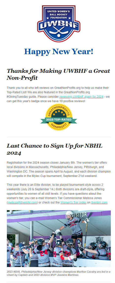 United Women’s Ball Hockey Foundation January 2024 eNewsletter
